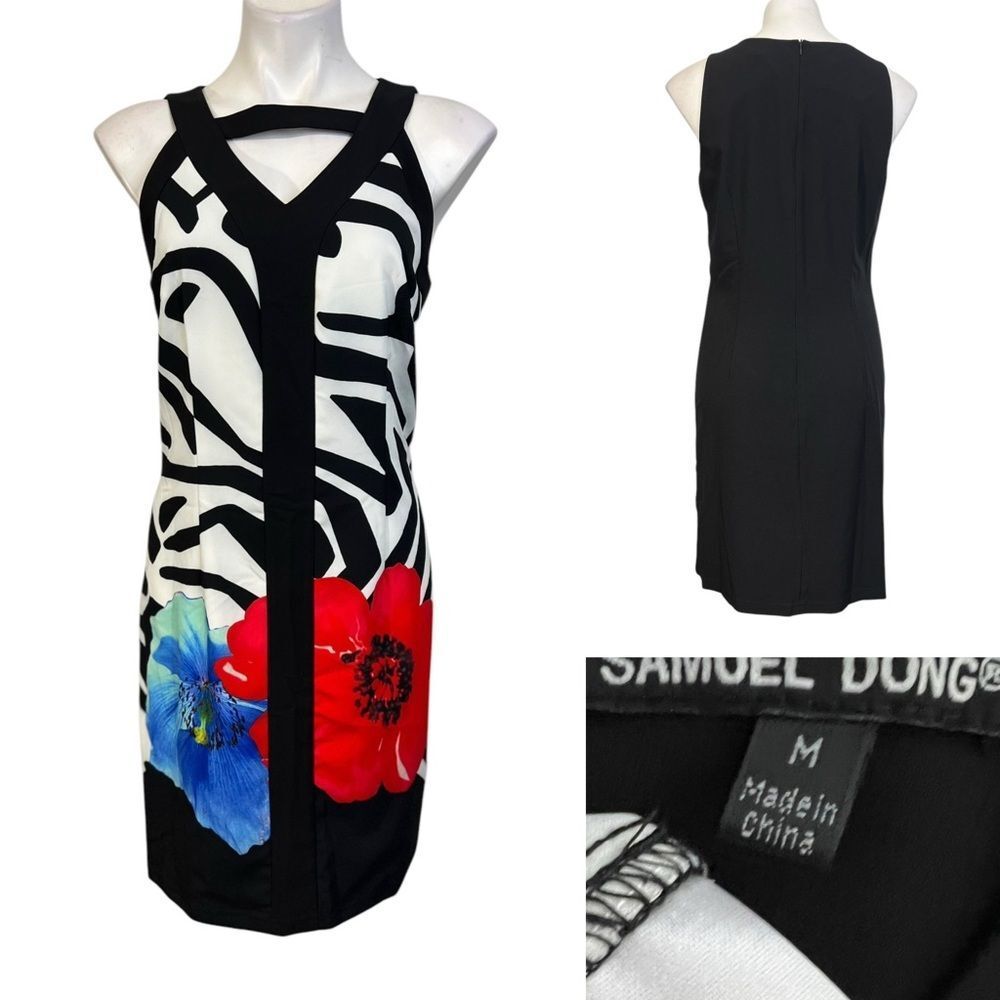 Samuel Dong dress M black white multi sleeveless knee length office business‎